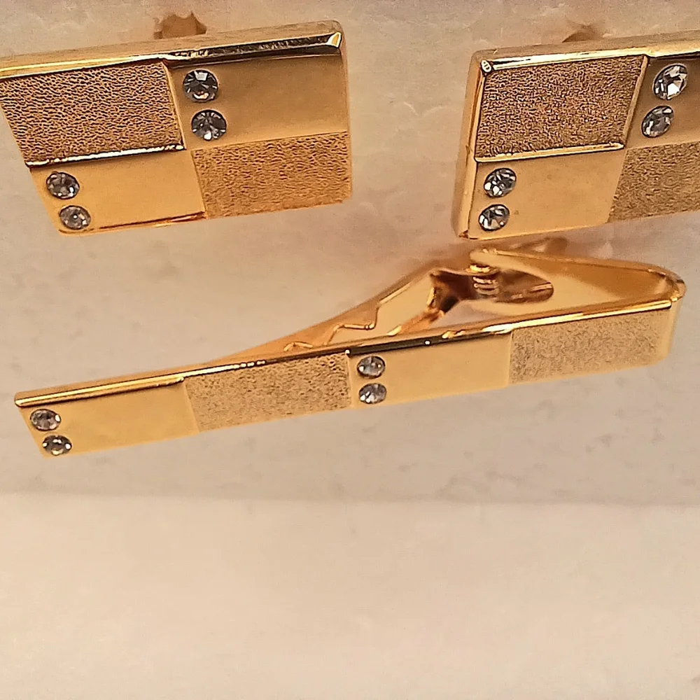 Tie Clip Bar, Cufflinks, Textured Gold Crystals Vintage Space Age Classic